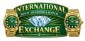 Logo for International Gold, Diamond, and Watch Exchange, featuring a diamond, two gold watches, and text on a green background.